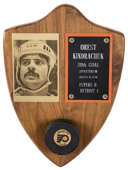 1976 Orest Kindrachuk Game Used Philadelphia Flyers Puck Used for 20th Goal Mounted onto Plaque (Kindrachuk LOA)
